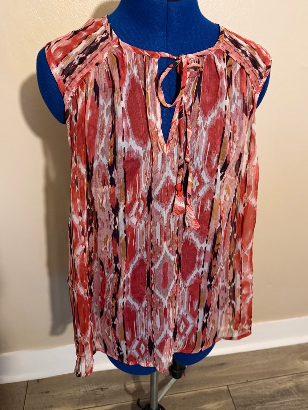 Liverpool Los Angeles Women’s Large Ikat Print Sleeveless Tie Neck Blouse Boho